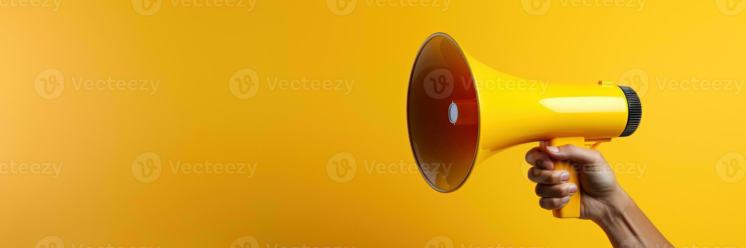 Generative AI, megaphone in hand on a empty yellow background, panoramic image with copy space photo