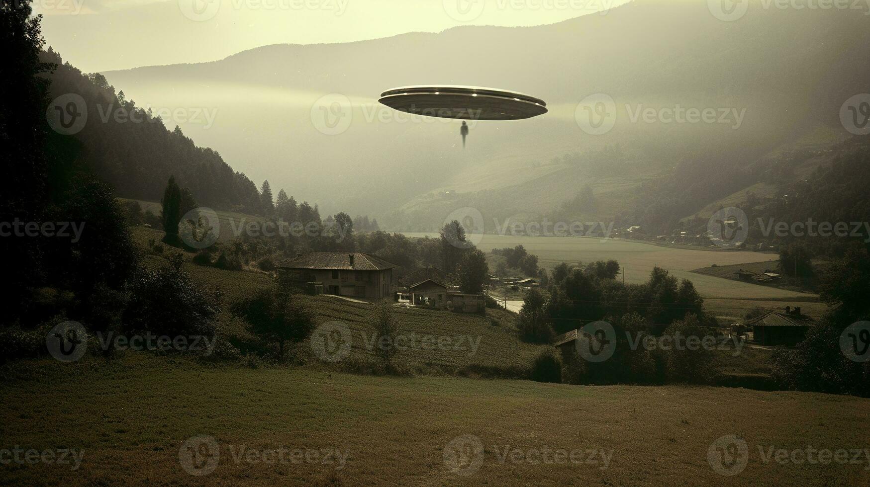 Generative AI, UFO over the Italian landscape vintage photo, aliens witnesses retro 1930s style photography photo