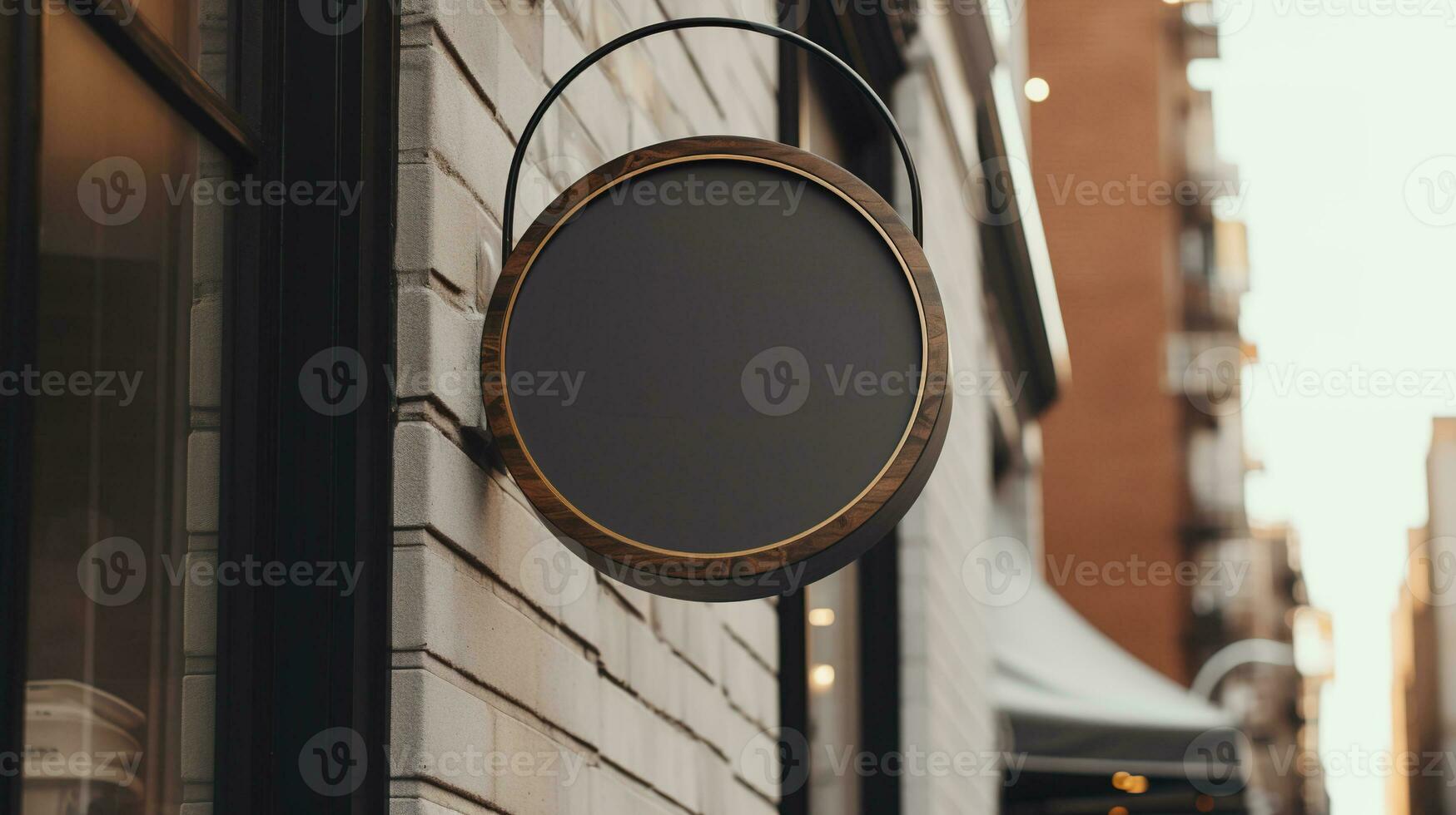 Generative AI, coffee shop street signboard mock up for logo design, brand presentation, aesthetic muted neutral colors, on the wall outdoor photo