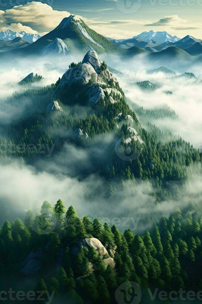 Generative AI, Misty fir forest beautiful landscape in hipster vintage retro style, foggy mountains and trees. photo