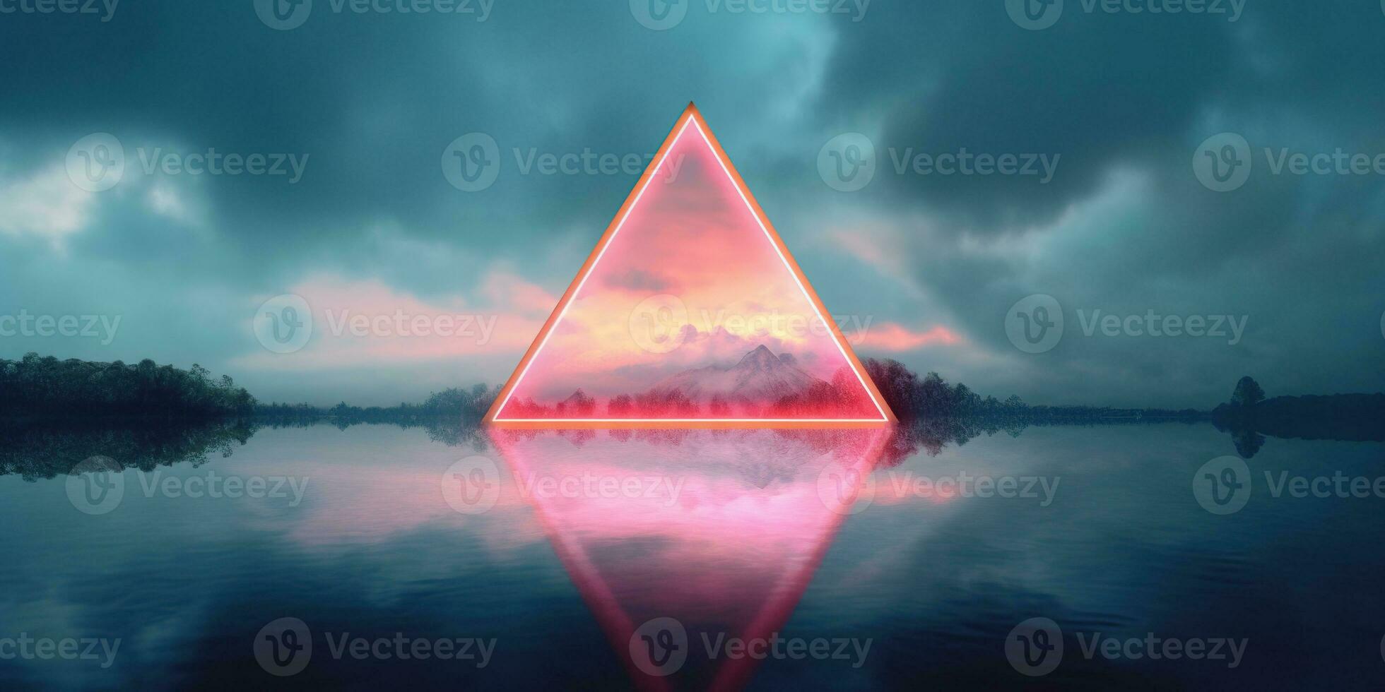 Generative AI, abstract geometric background, clouds, sea and glowing neon triangular frame. Minimal futuristic seascape with reflection in the water. photo