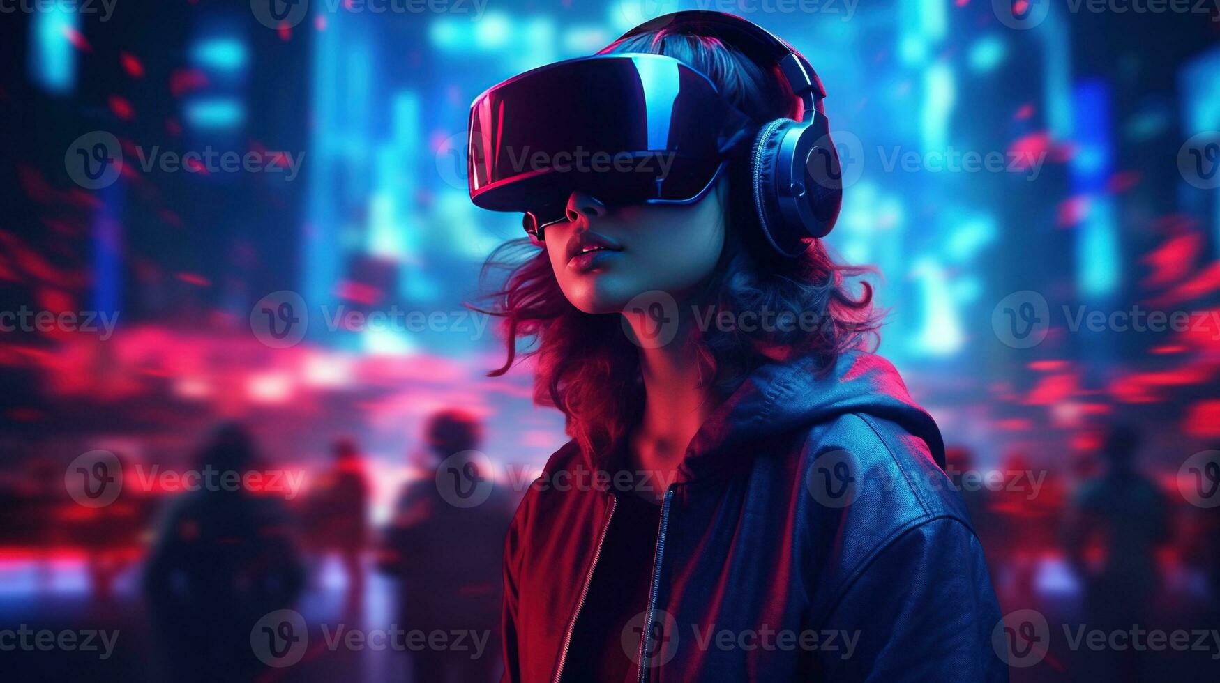 Generative AI, beautiful woman in VR glasses in neon space street, virtual reality headset  in cyberspace photo