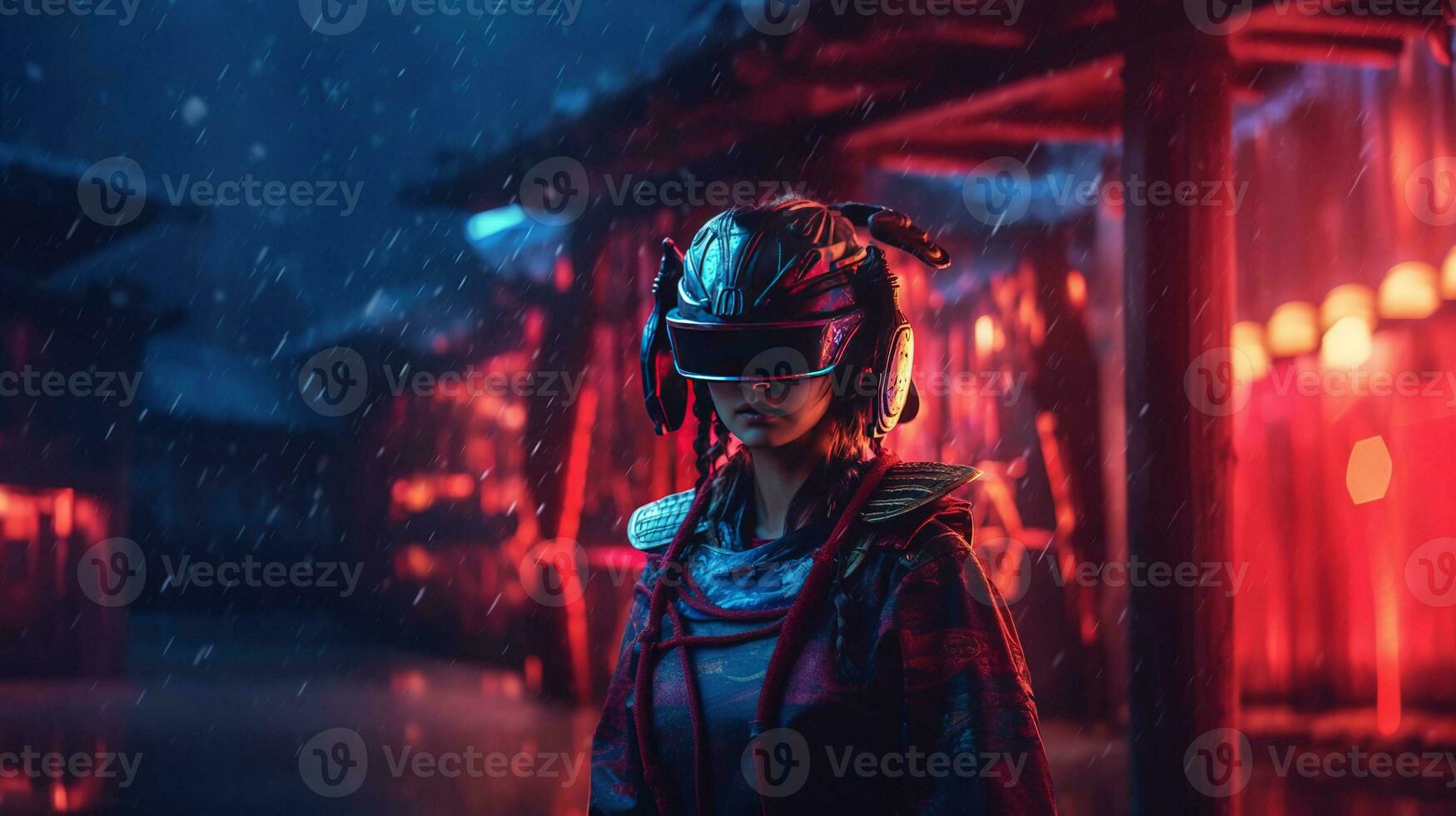 Generative AI, beautiful asian person in samurai suit in VR glasses in neon space street, virtual reality headset in cyberspace photo