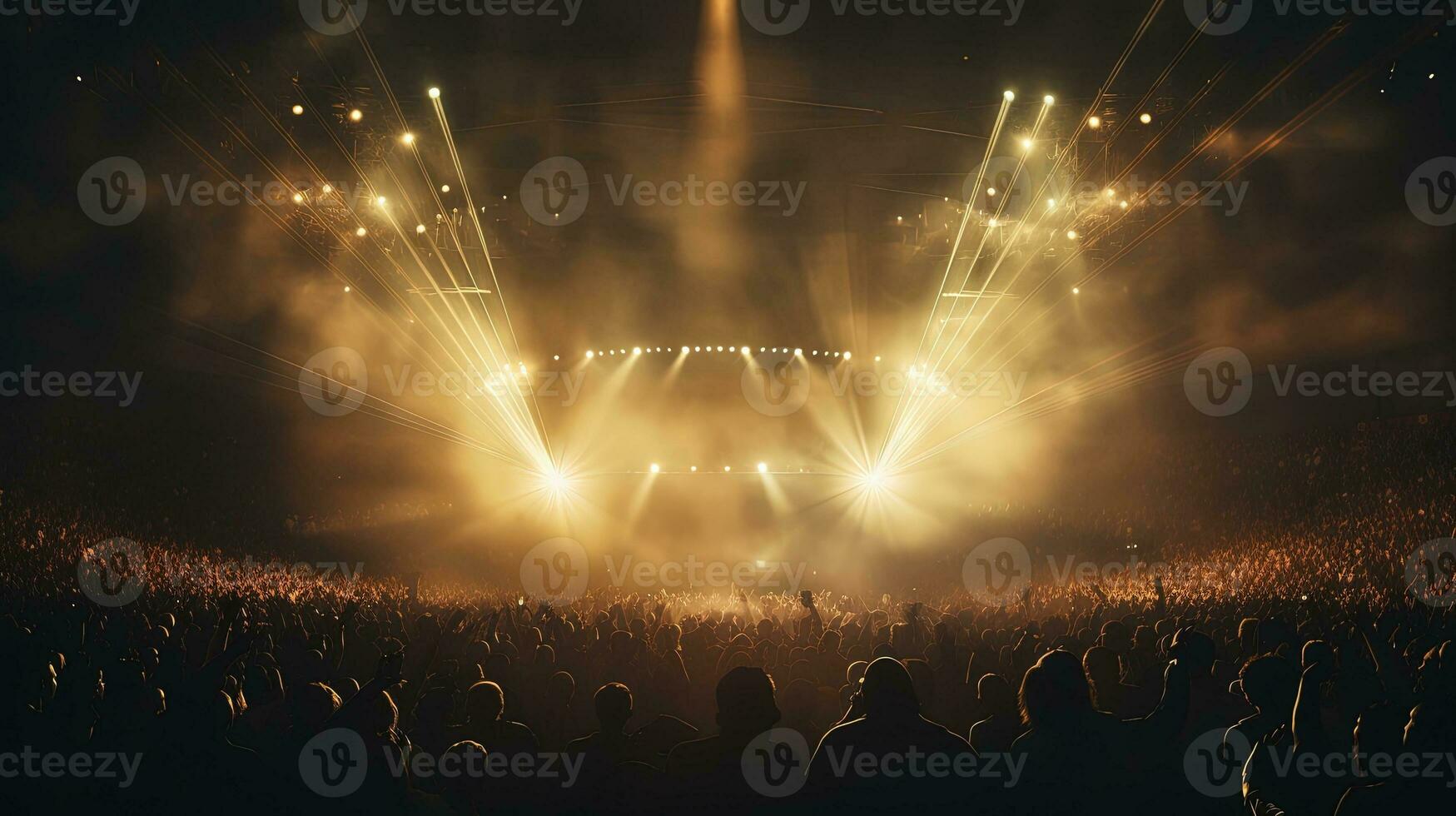 Generative AI, People crowd on music rock festival concert in stadium, big stage lit by spotlights. photo