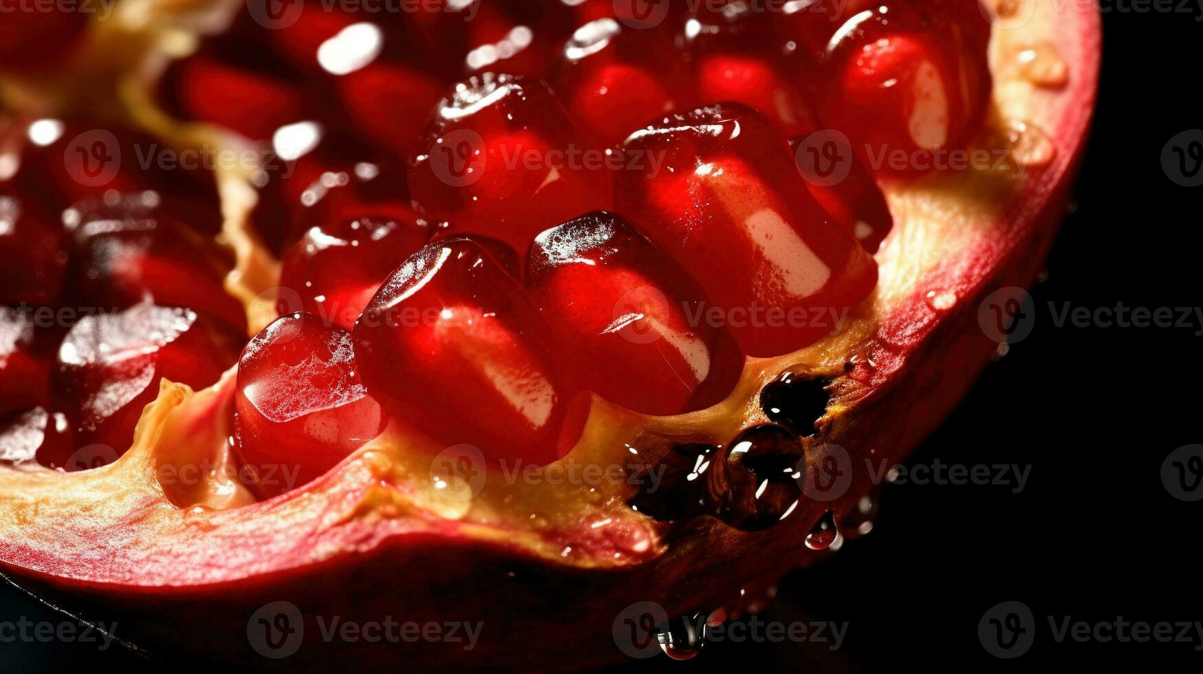 Generative AI, Macro Fresh Juicy half of pomegranate fruit with drops of water background. Closeup photo
