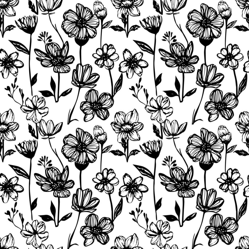 Sketch simple liner flowers doodle style. Seamless pattern vector