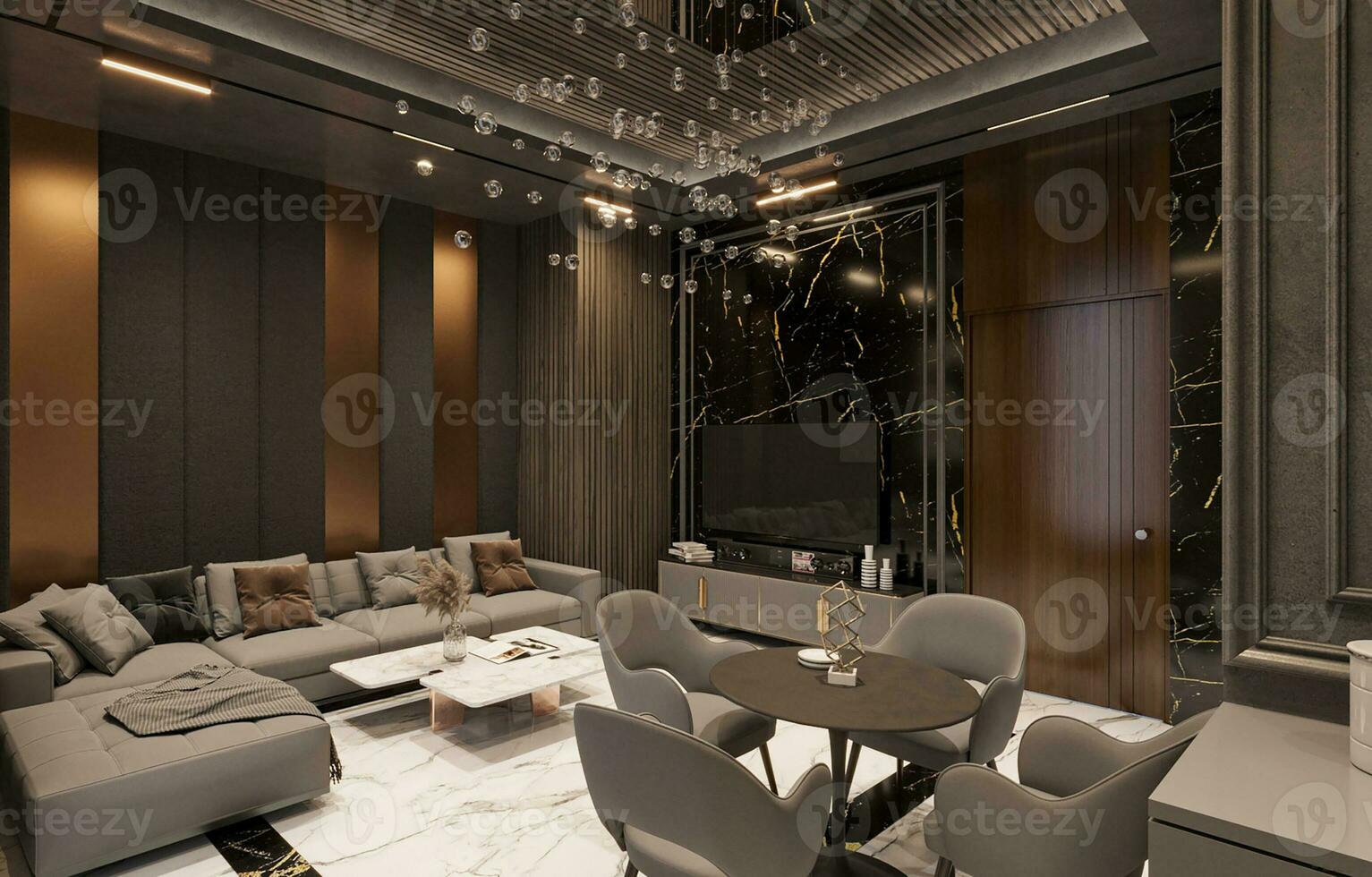 Modern interior design, kitchen and bright, spacious room with a  comfortable sofa, plants and elegant accessories, black walls, parquet  floor. Generative AI 31210580 Stock Photo at Vecteezy