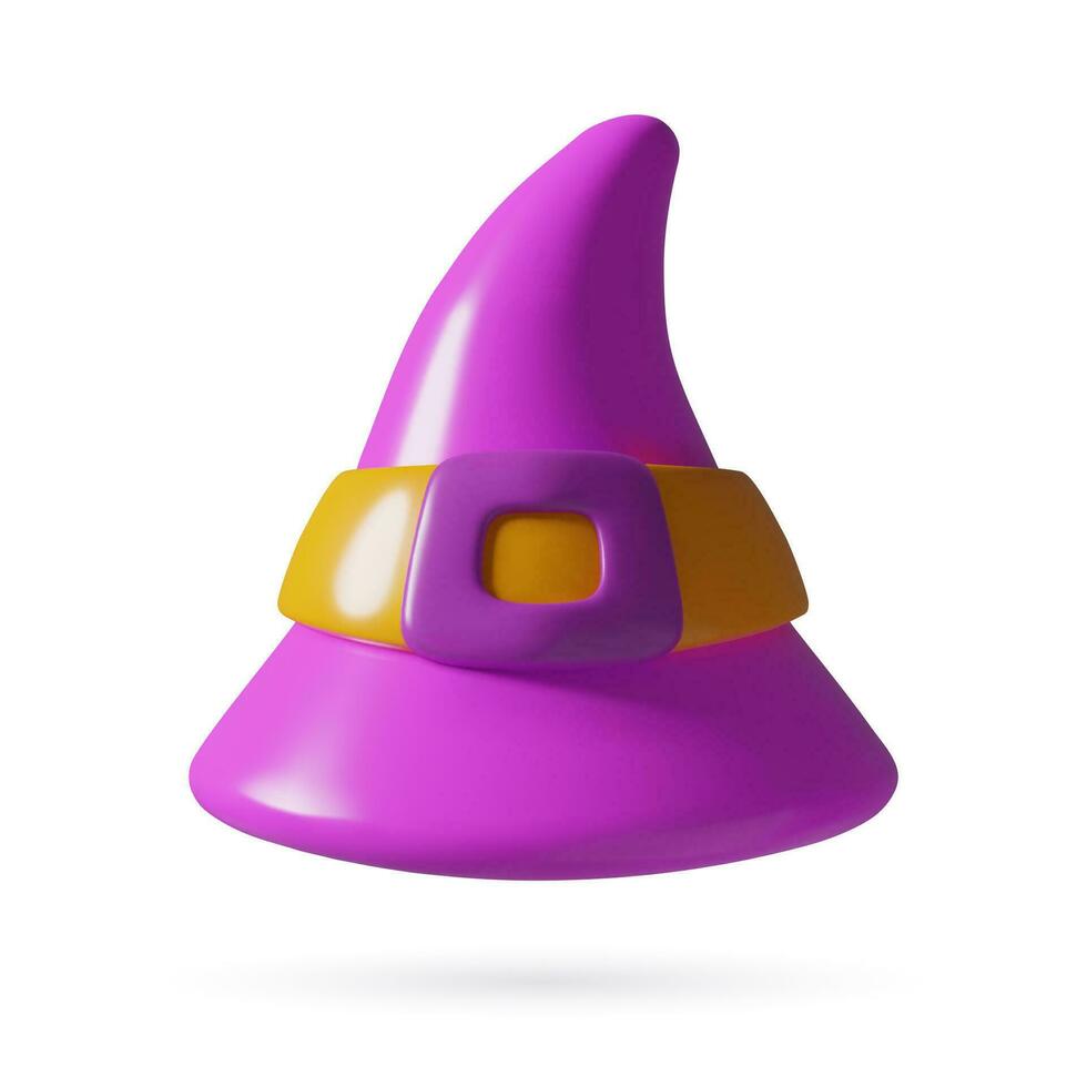Purple witch hat with belt 3d vector icon. Cute plastic Halloween costume element on white background.