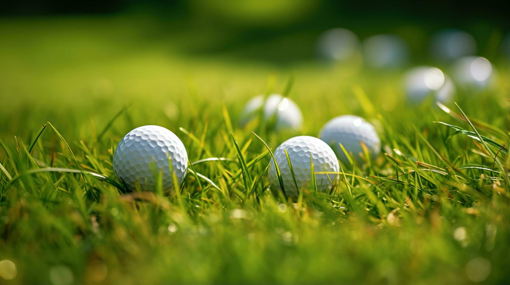 Generative AI, Close up golf balls on green grass, golf course background photo