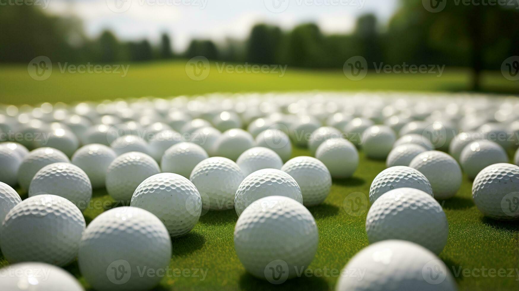 Generative AI, Close up golf balls on green grass, golf course background photo