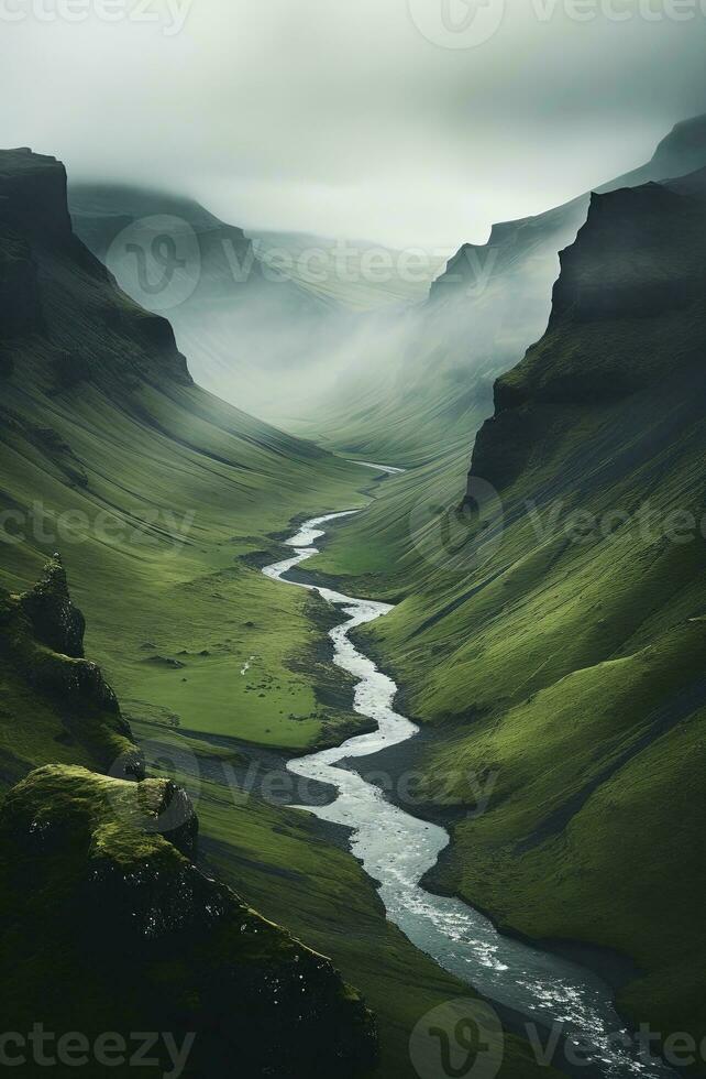 generativo ai, escénico verde colinas en el nubes, hermosa naturaleza paisaje aéreo panorama, montañas, aéreo fotografía foto