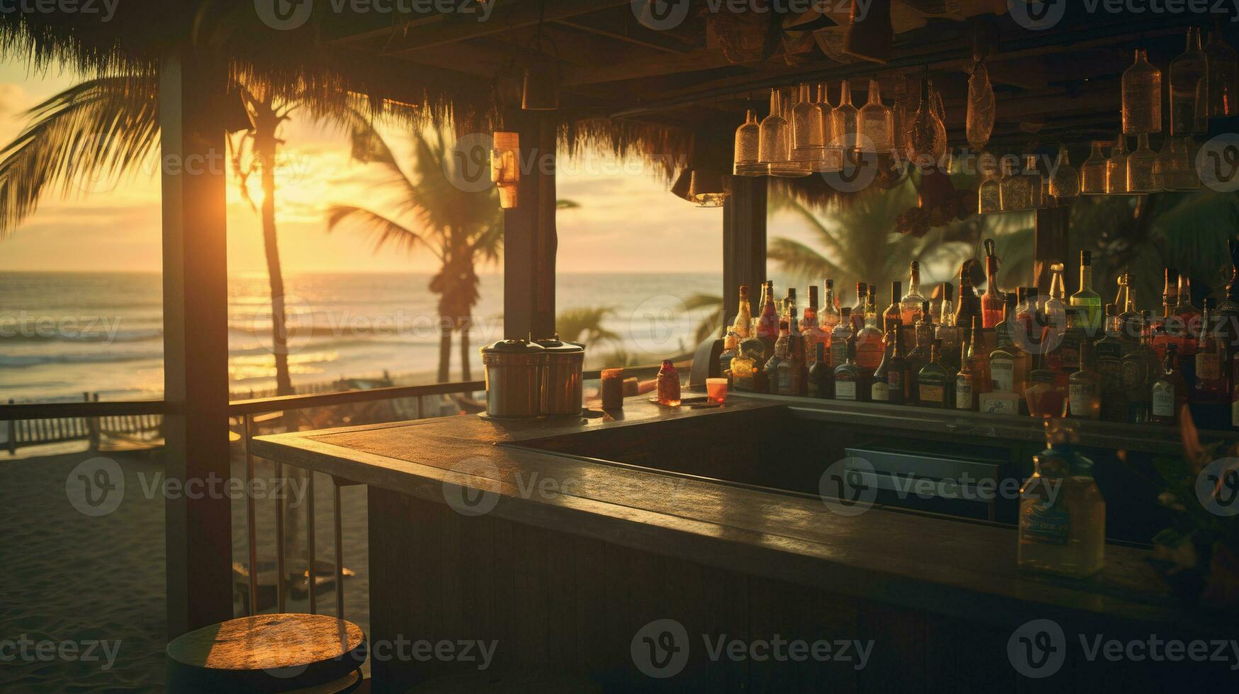 Generative AI, summer sunset beach bar background. Outdoor restaurant, Led light candles and wooden tables, chairs under beautiful sunset sky, sea view. photo