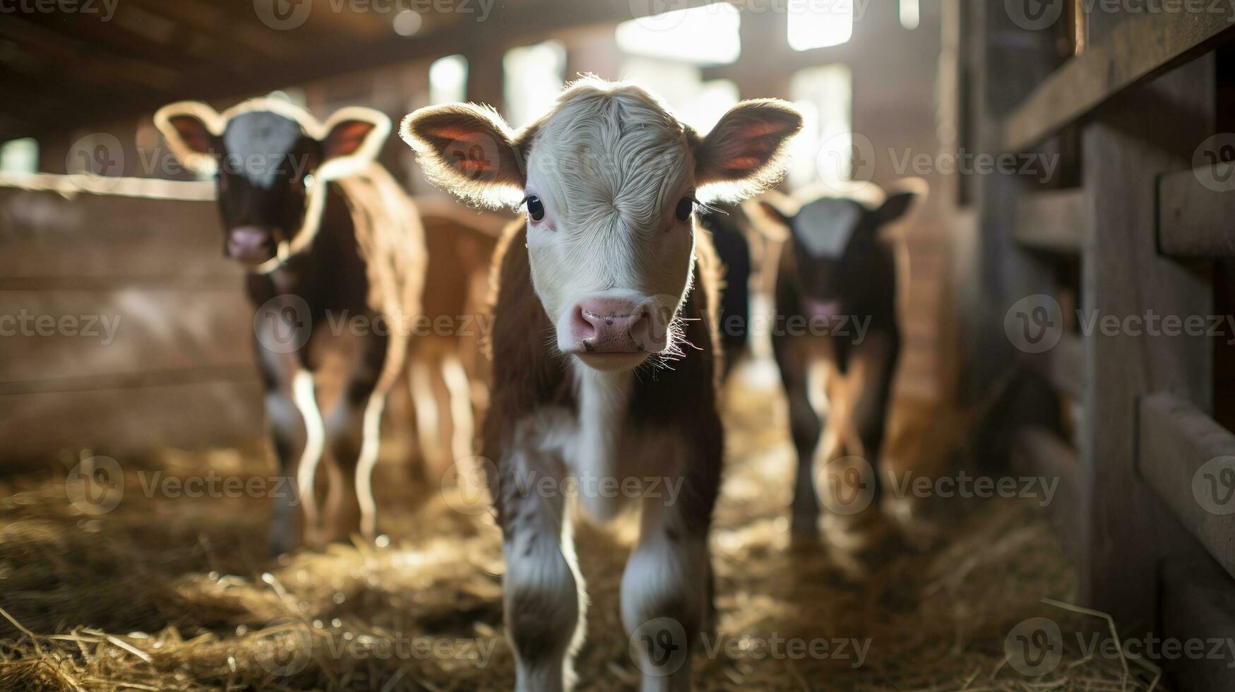 generativo ai, pequeño terneros mirando a el cámara en un granja, bebé vacas foto