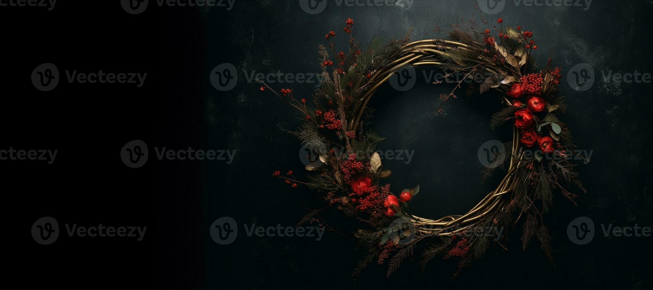 Generative AI, Close up Christmas wreath, dried branches, red berries, pine, balls and flowers on dark moody floral textured background. photo