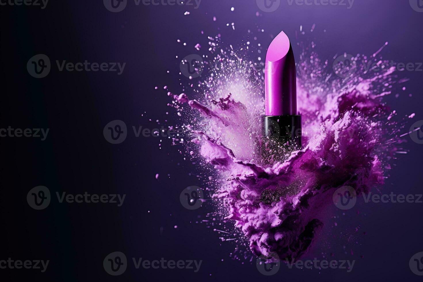 Generative AI, Purple lipstick, powder splashes and smoke on purple background. photo