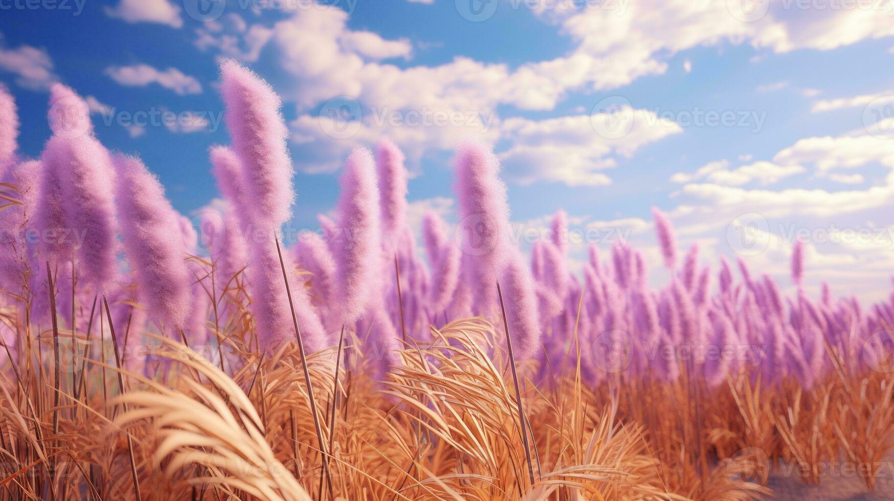 Generative AI, Pampa purple lavender color grass branch with sky. Abstract natural boho background of soft plants, Cortaderia selloana photo