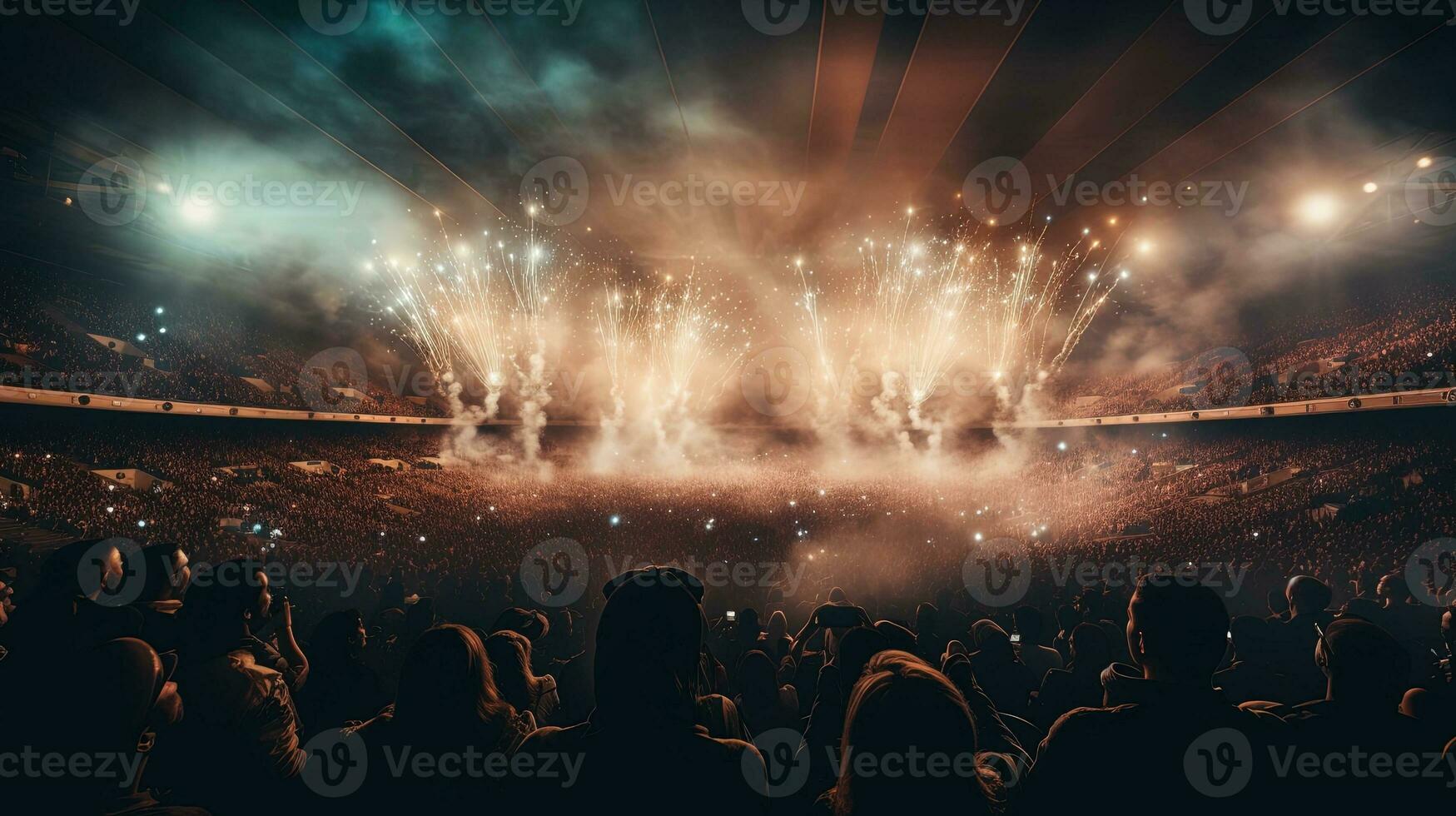 Generative AI, People crowd on music rock festival concert in stadium, big stage lit by spotlights. photo