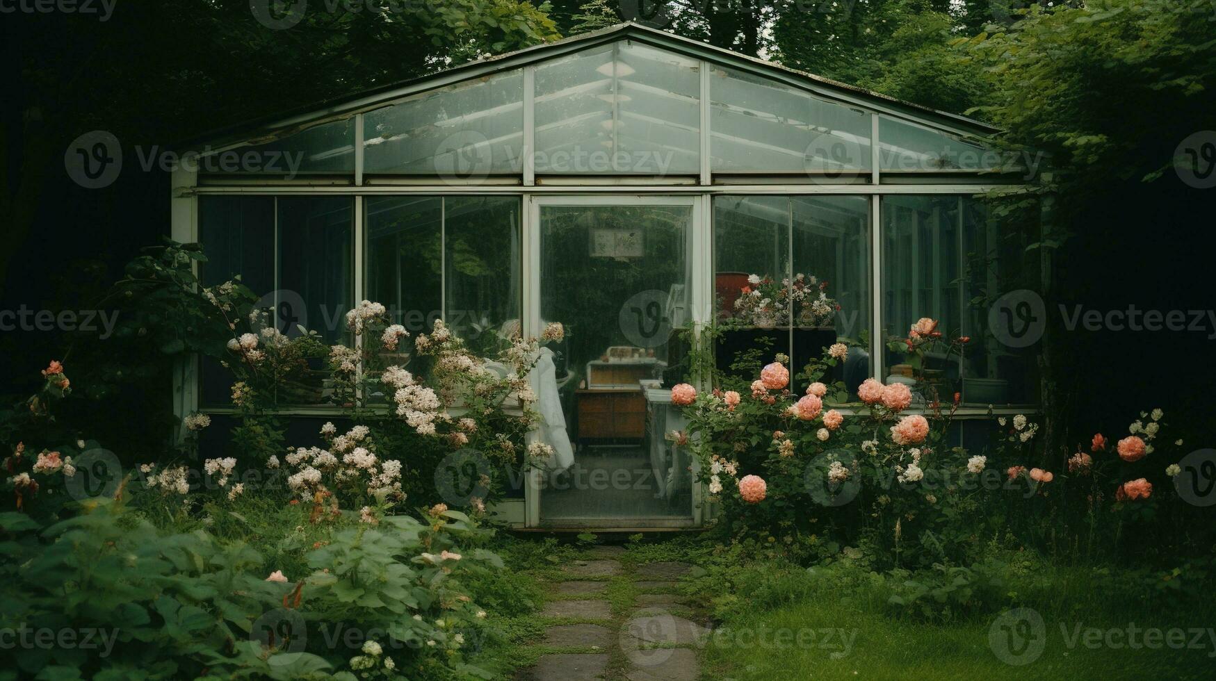 generativo ai, hermosa estético privado jardín con muchos flores y plantas, naturaleza paisaje, apagado neutral colores foto
