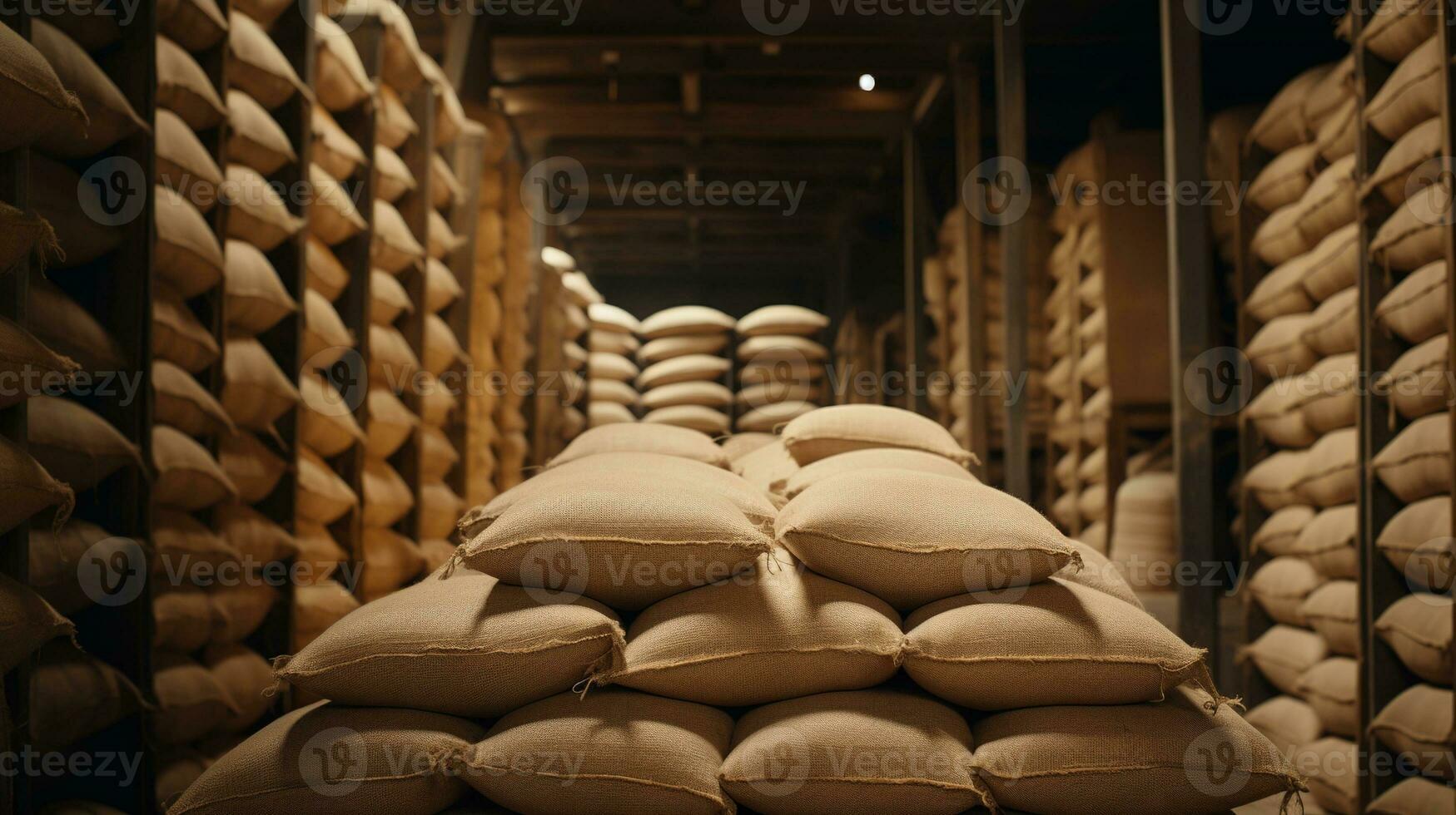 Generative AI, Stack hemp sacks of rice or coffee, industrial storage photo