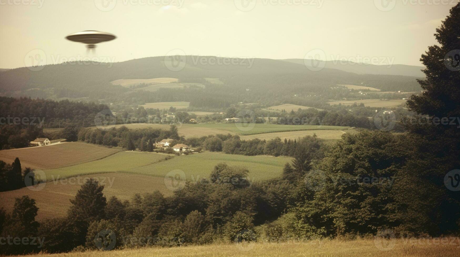 Generative AI, UFO over the Italian landscape vintage photo, aliens witnesses retro 1930s style photography photo