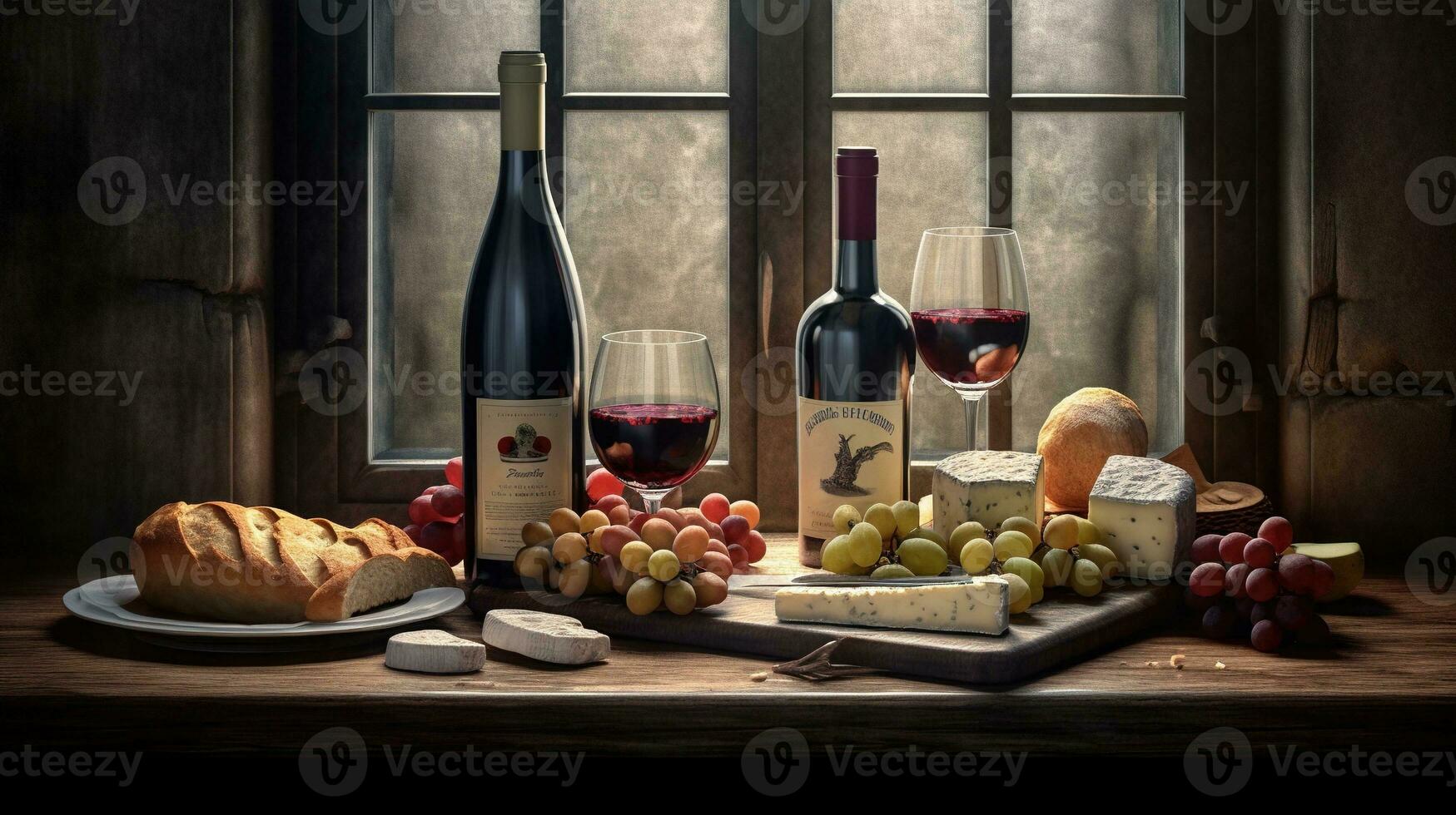 Generative AI, wine still life with grapes, rosemary, prosciutto, blue cheese, figs, bread. photo