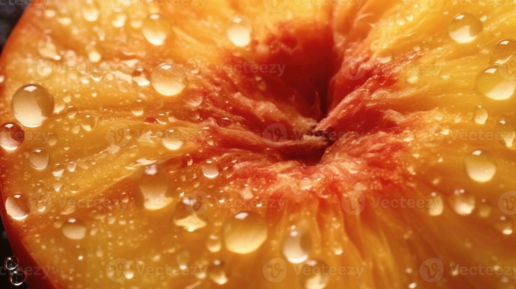 Generative AI, bright slice of juicy ripe peach and water drops, macro of summer fruit photo