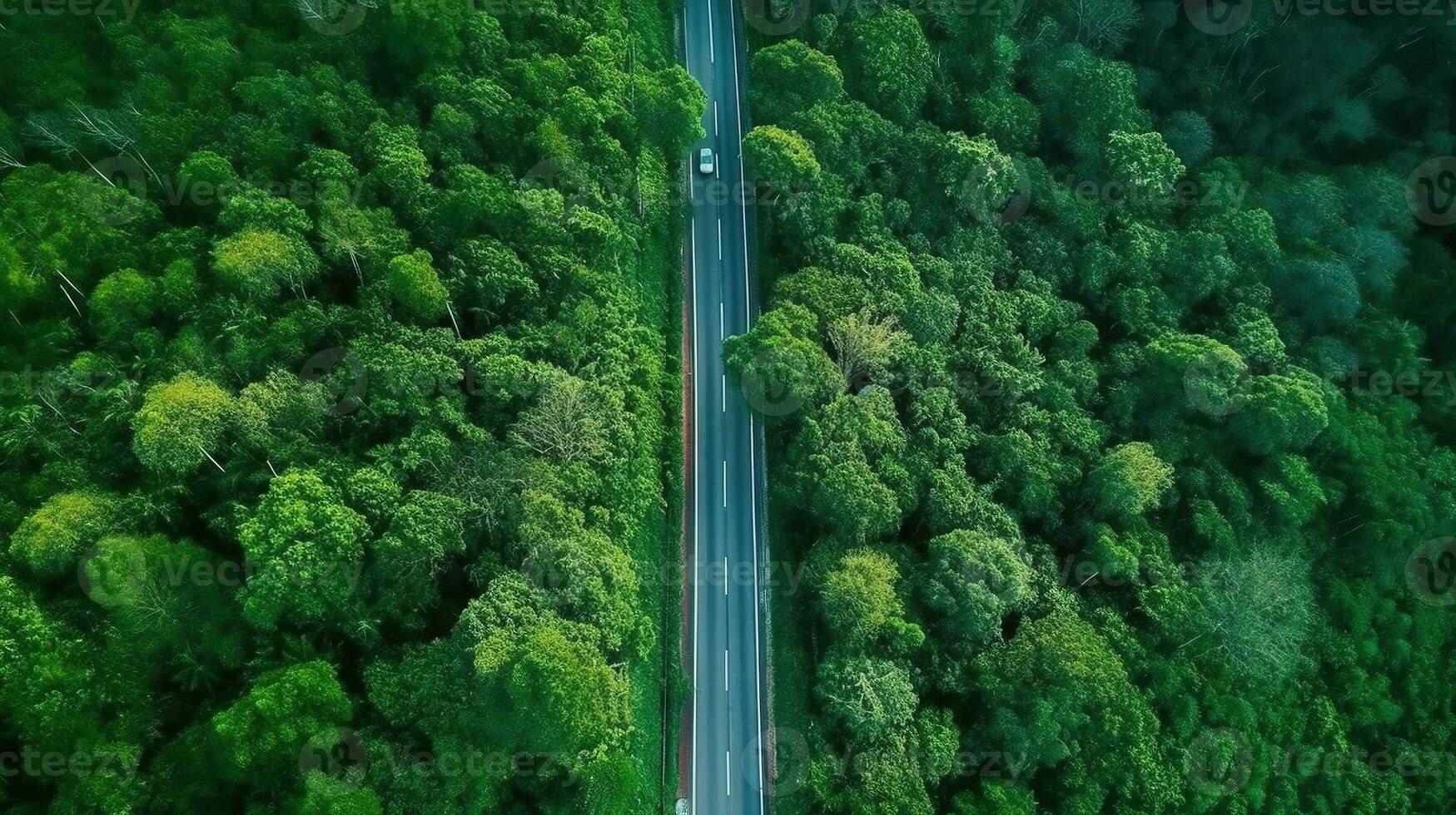 Generative AI, Aerial view of road between green forest, green landscape photo