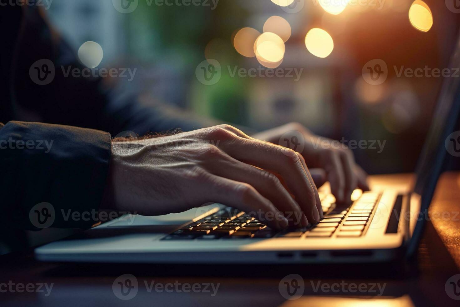 Generative AI, Typing on keyboard closeup, shot hands using laptop computer and internet photo