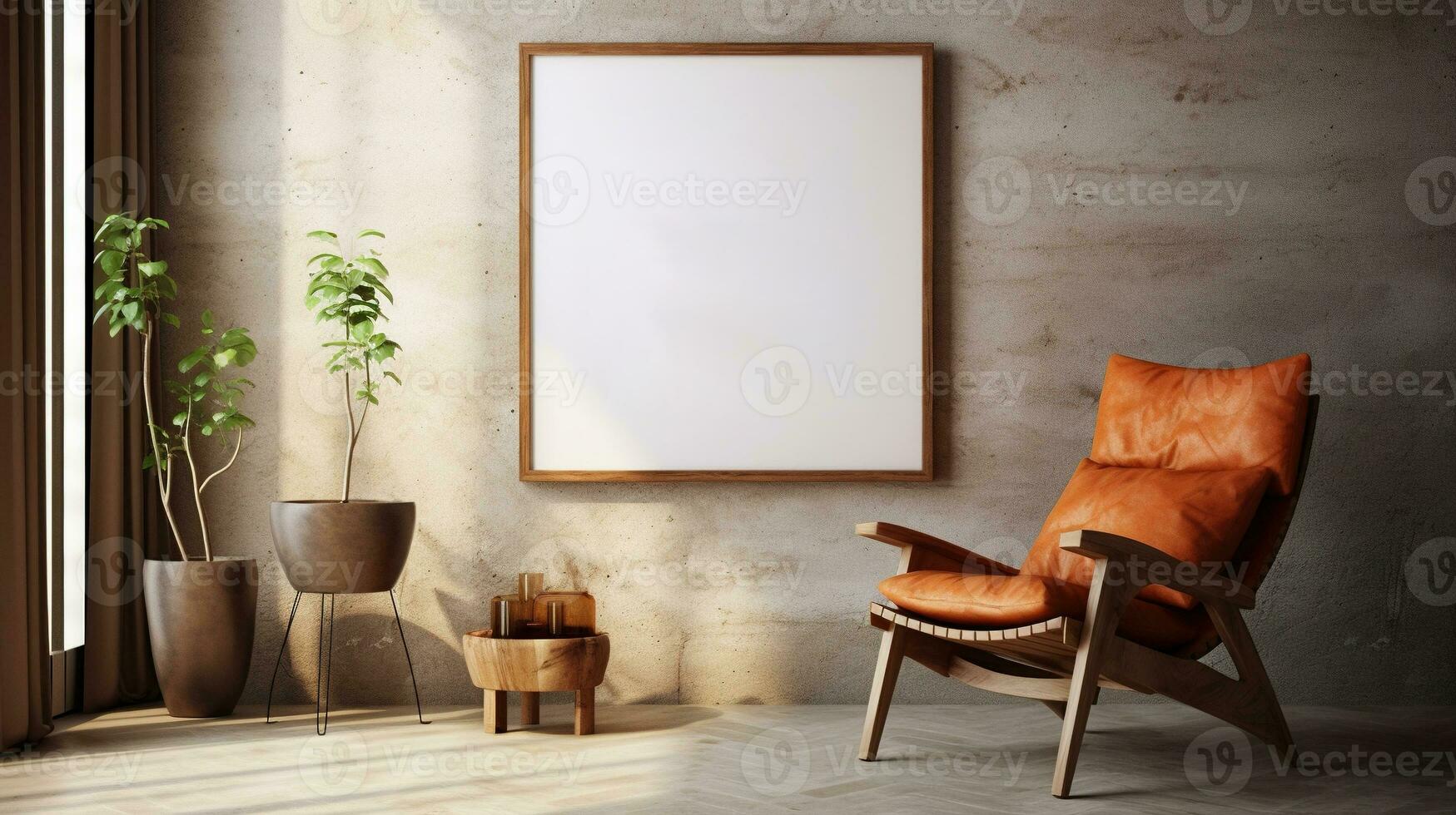 Generative AI, Poster frame mockup in beige and brown living room interior, wabi sabi minimalism style photo