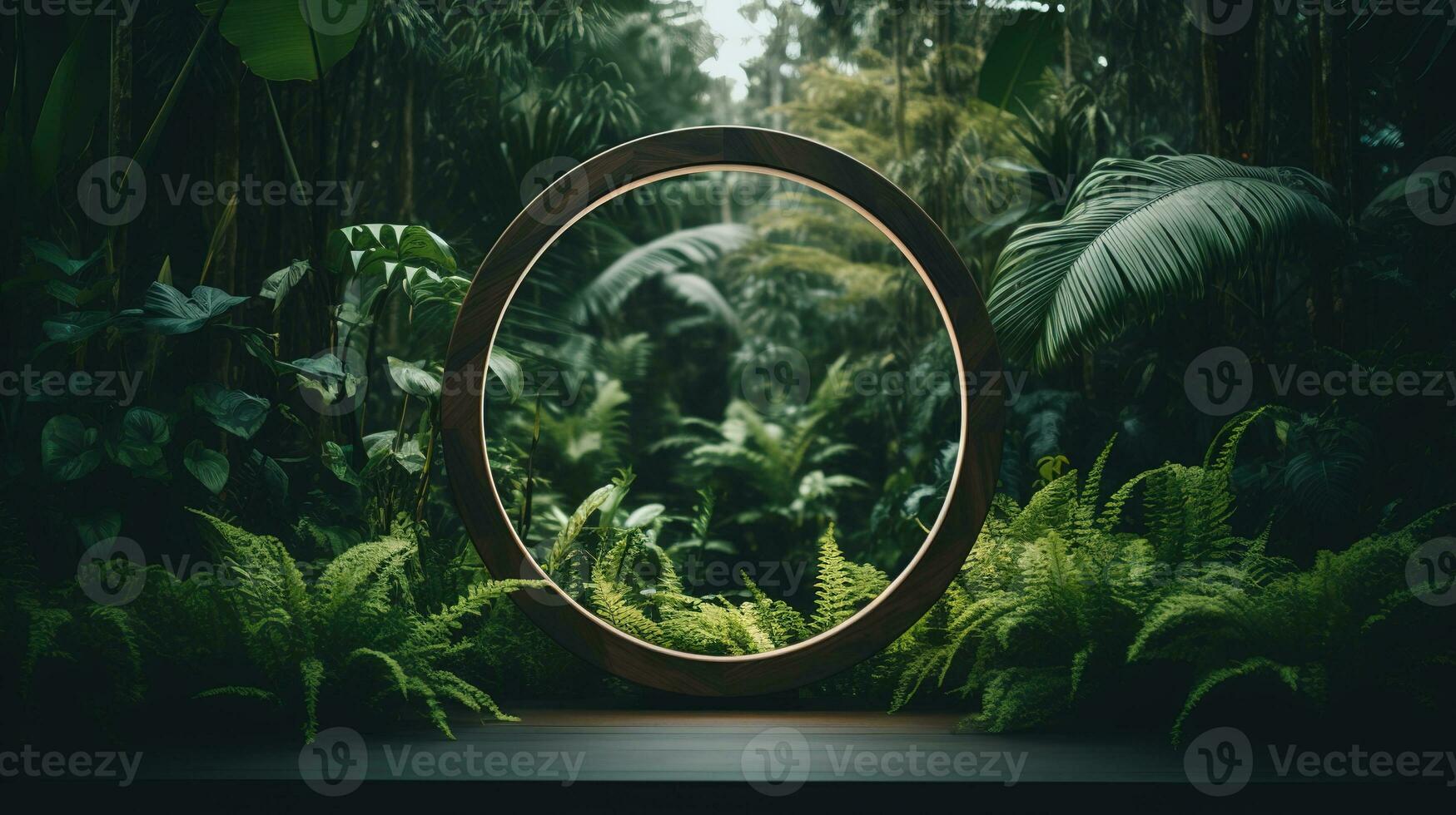 Generative AI, Empty circle wooden frame and tropical leaves on jungle background. For product display. photo