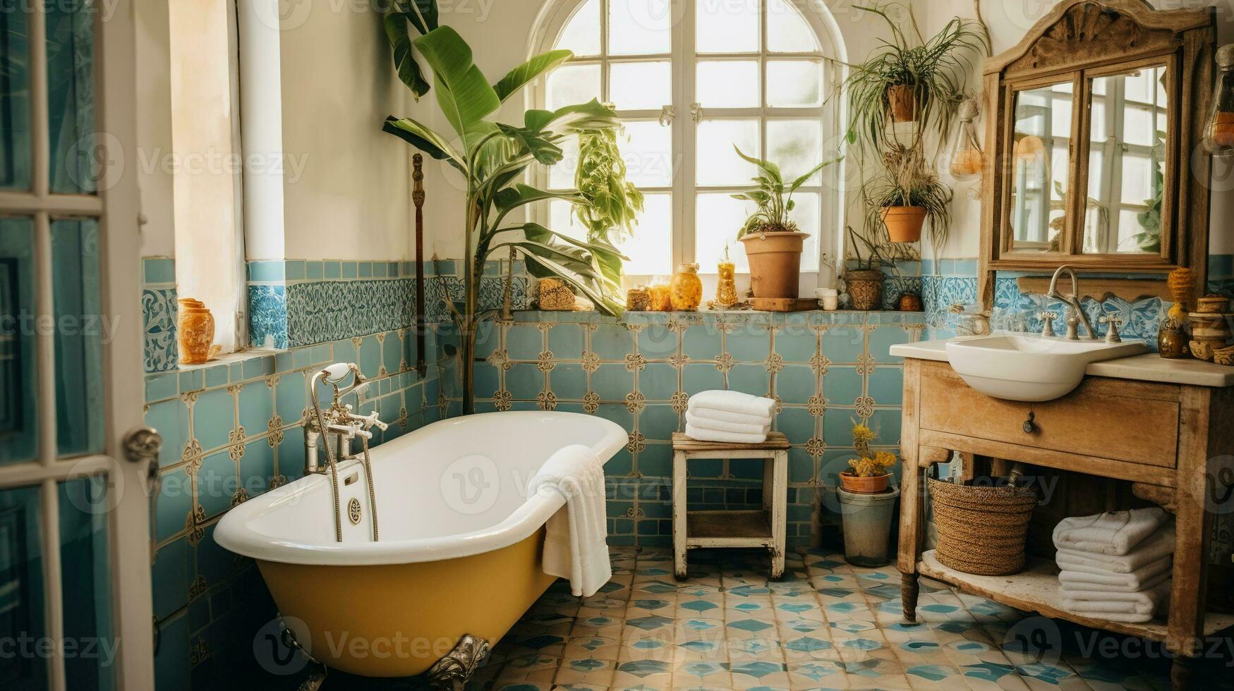 Generative AI, retro boho hotel bathroom, Puerto Rico style. Bright colors and plants photo