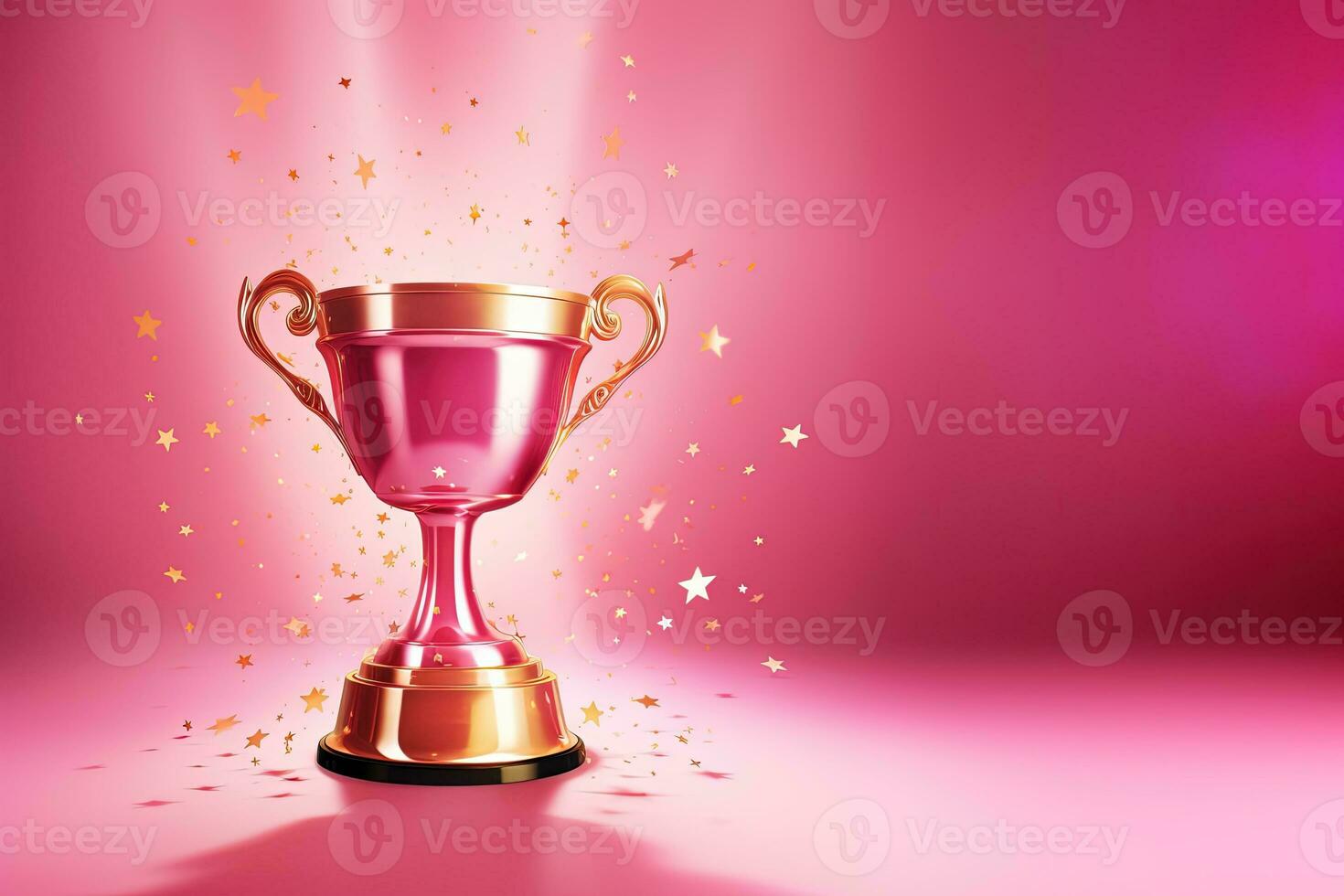 Generative AI, Winner trophy with flames, pink golden champion cup with falling confetti on pink background photo
