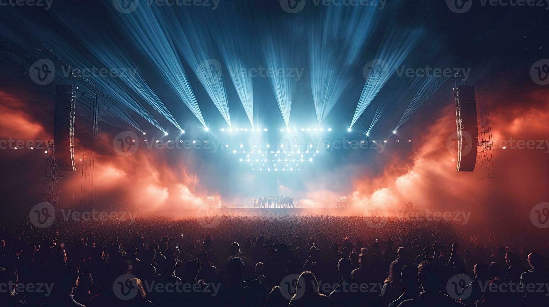 Generative AI, People crowd on music rock festival concert in stadium, big stage lit by spotlights. photo