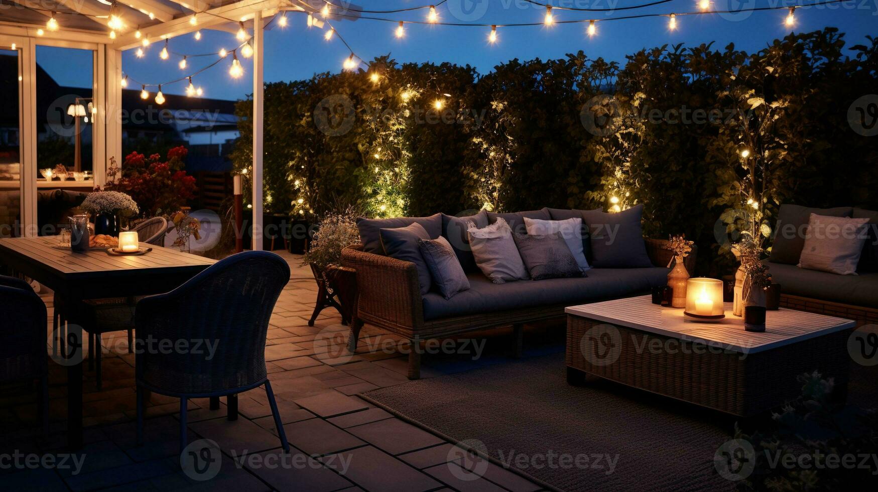 Generative AI, Cozy balcony in the evenind with lantern, garland and candles. Soft sofas and chairs for relax. bohemian ideas photo