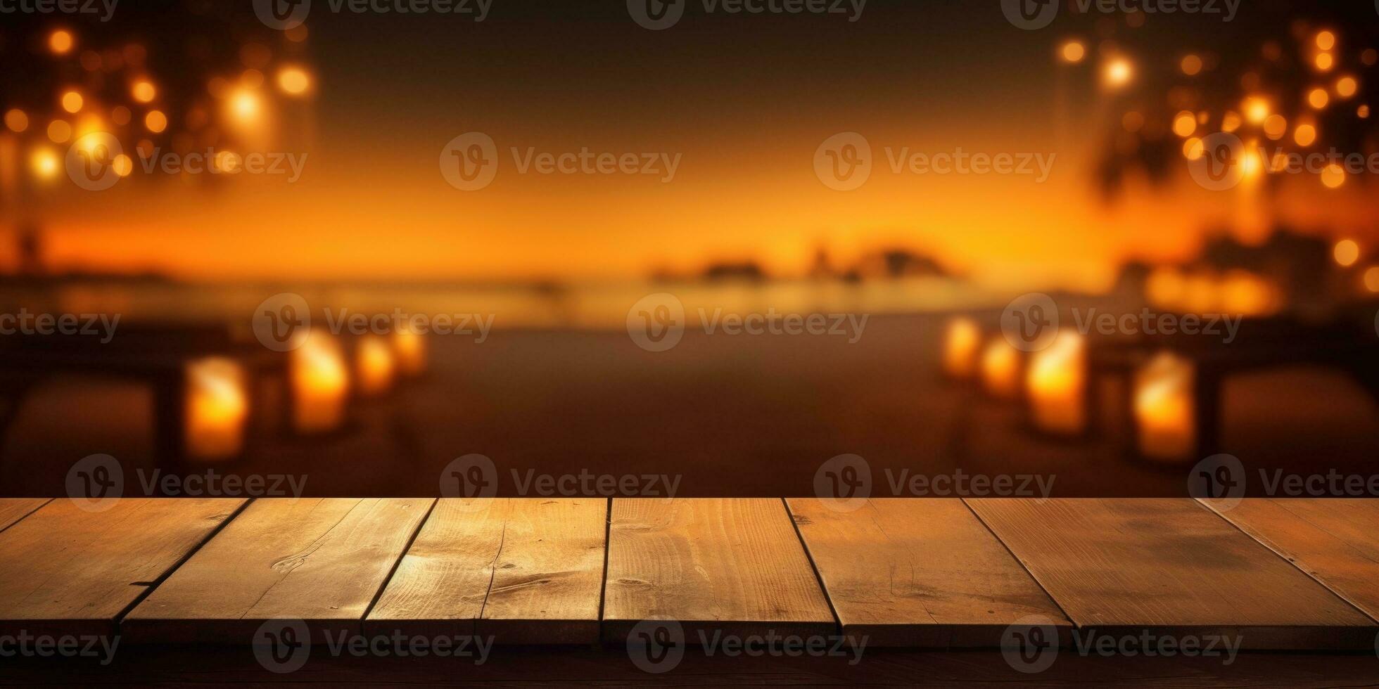Generative AI, Tropical summer sunset beach bar background. Wooden table top product display showcase empty stage. photo