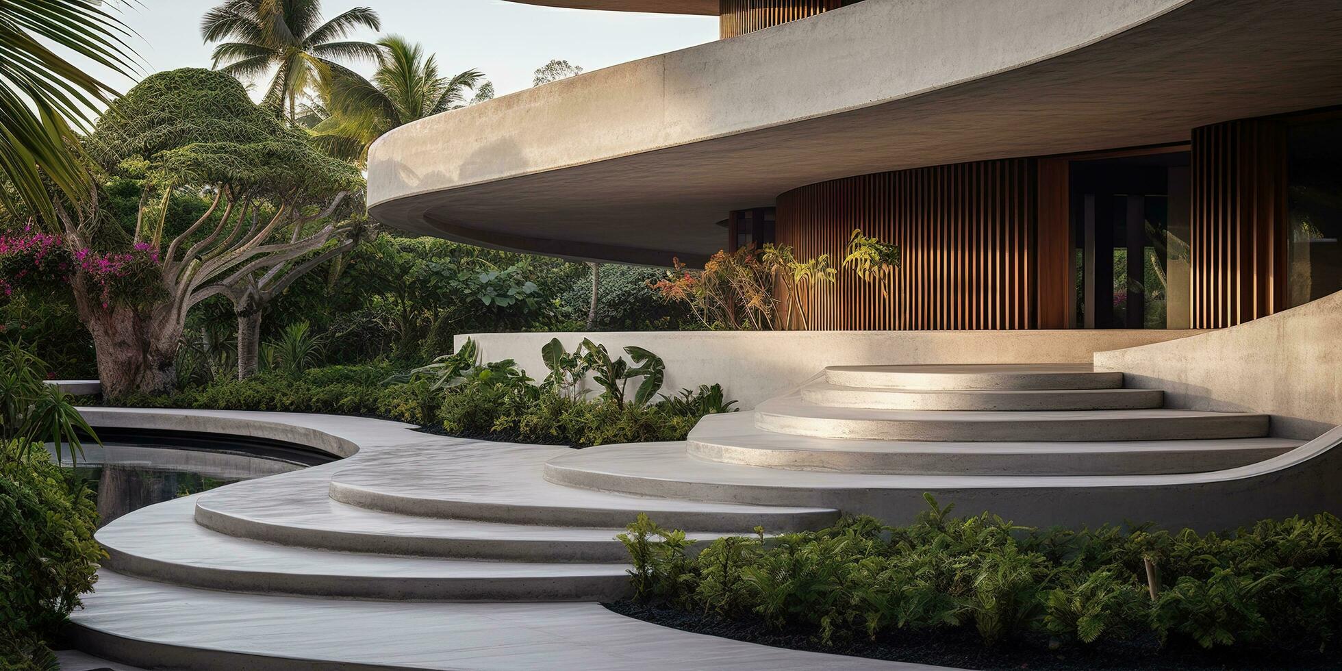 Generative AI, modern luxury house with lush tropical garden. Villa, hotel resort, architectural photography in the style of futuristic curves photo