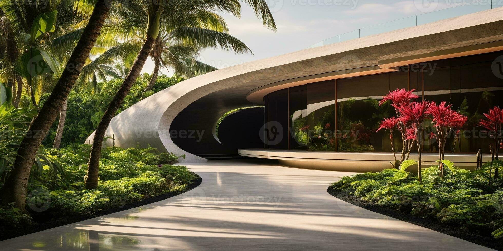 Generative AI, modern luxury house with lush tropical garden. Villa, hotel resort, architectural photography in the style of futuristic curves photo