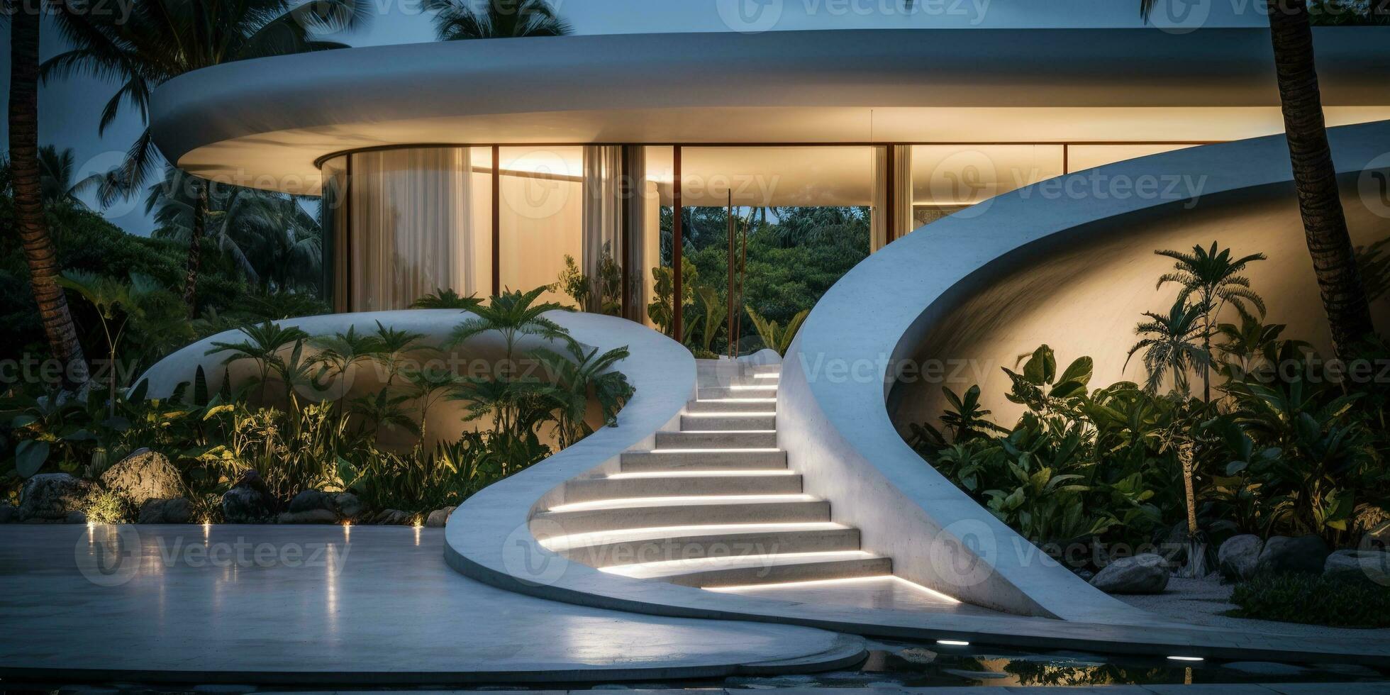 Generative AI, modern luxury house with lush tropical garden. Villa, hotel resort, architectural photography in the style of futuristic curves photo