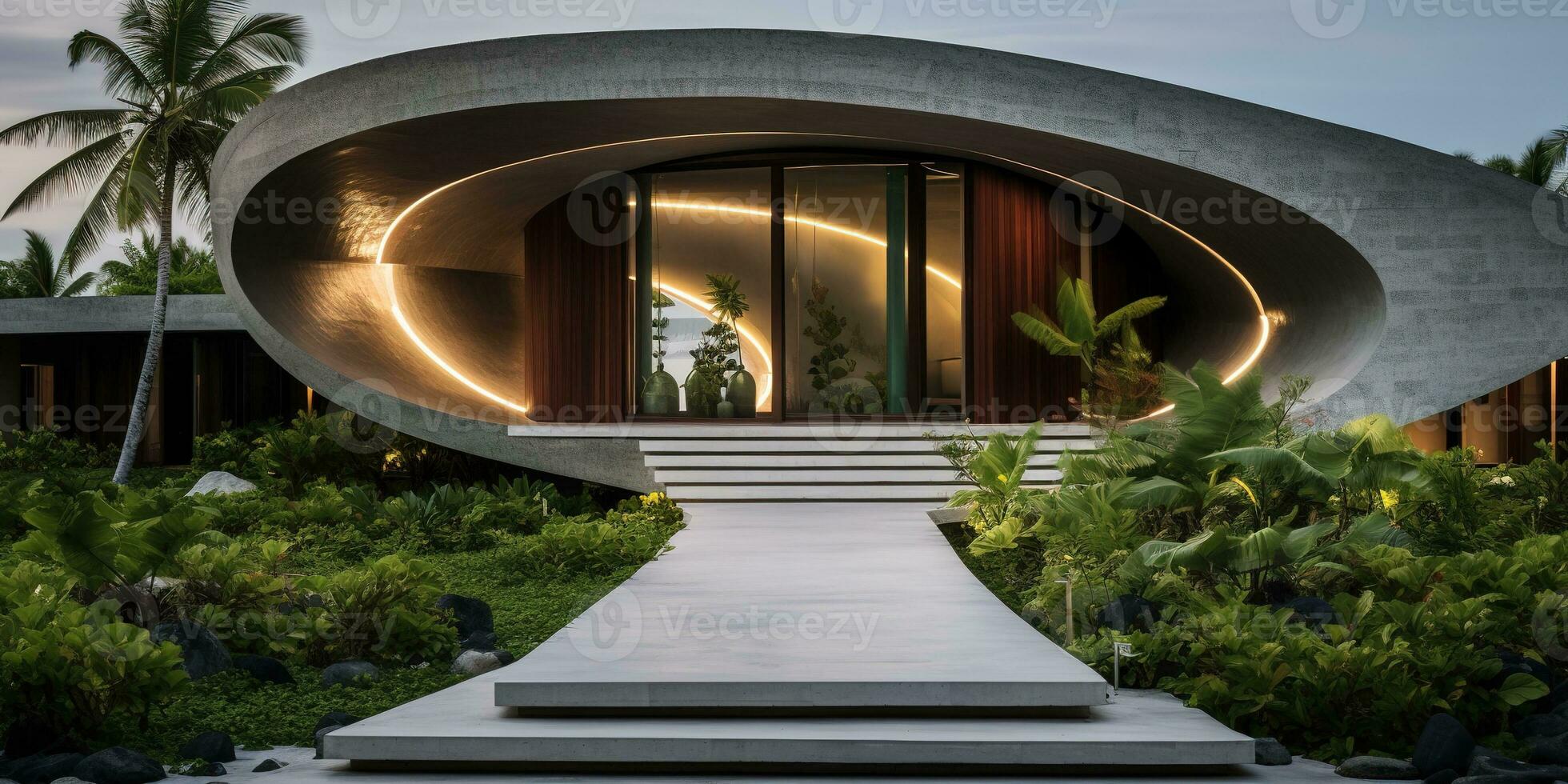 Generative AI, modern luxury house with lush tropical garden. Villa, hotel resort, architectural photography in the style of futuristic curves photo