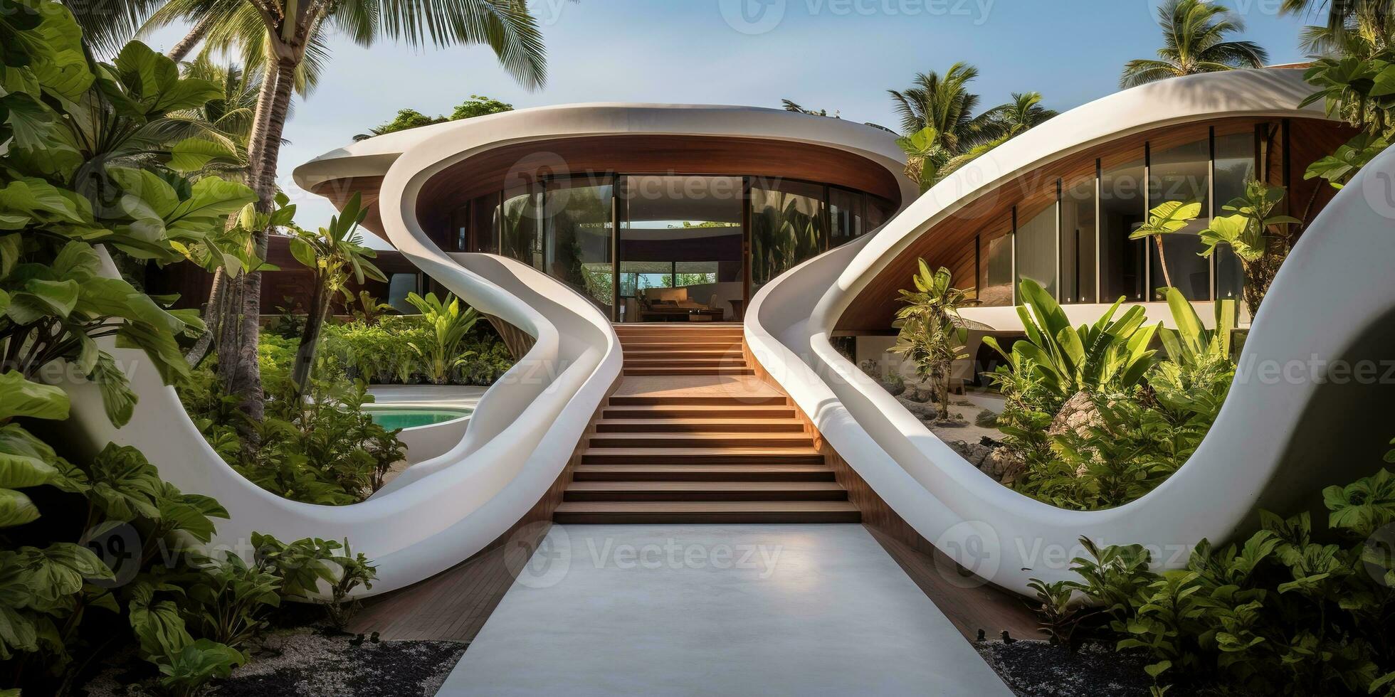 Generative AI, modern luxury house with lush tropical garden. Villa, hotel resort, architectural photography in the style of futuristic curves photo