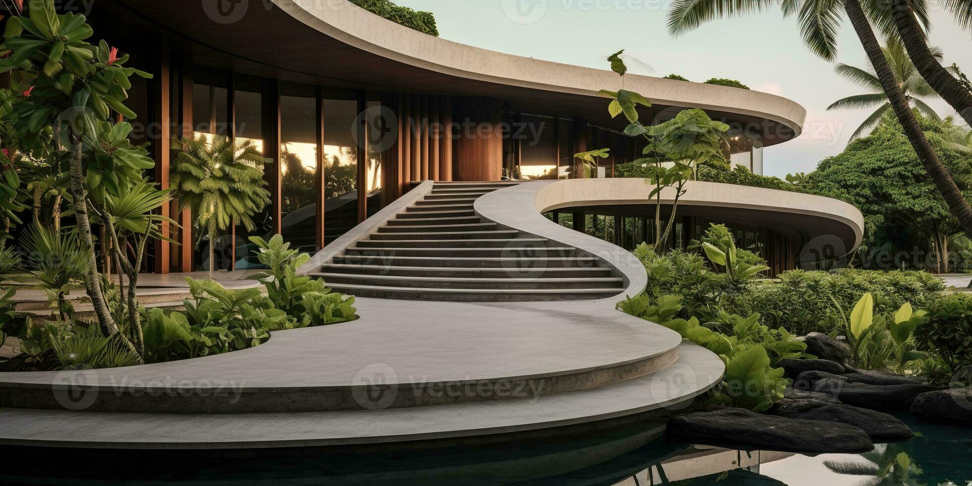 Generative AI, modern luxury house with lush tropical garden. Villa, hotel resort, architectural photography in the style of futuristic curves photo