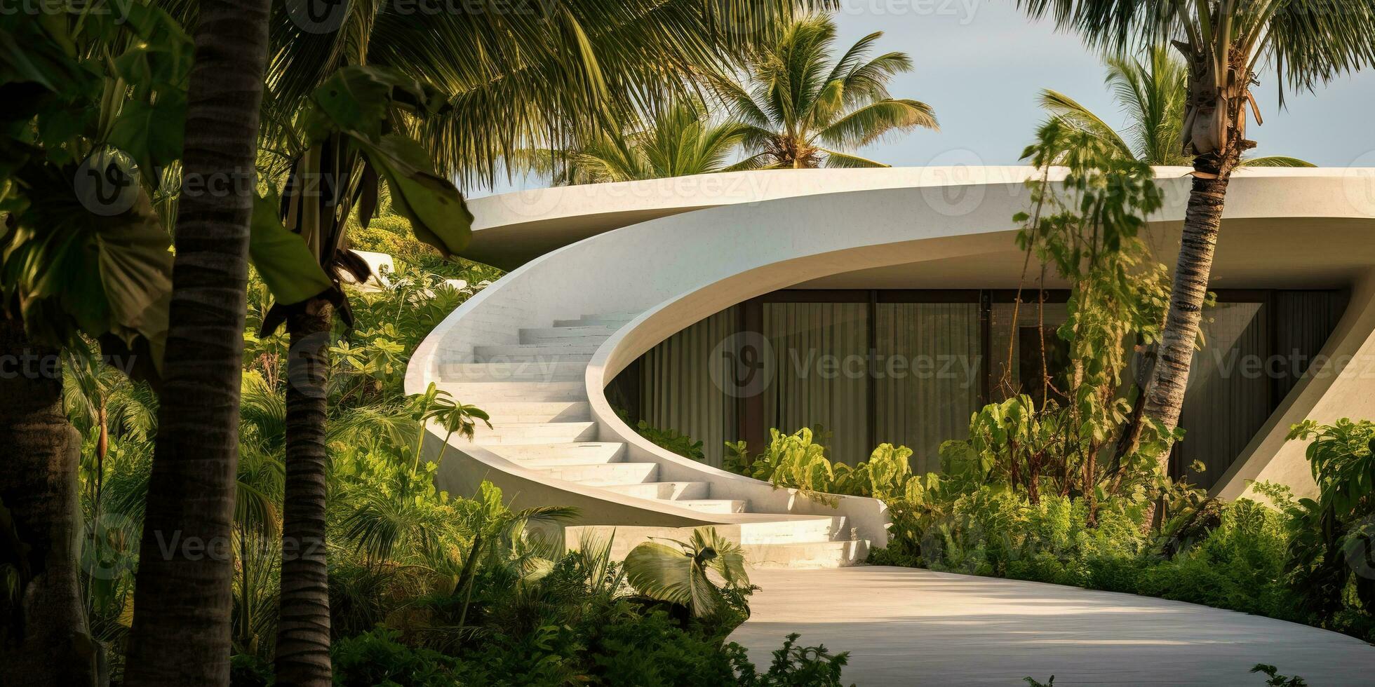 Generative AI, modern luxury house with lush tropical garden. Villa, hotel resort, architectural photography in the style of futuristic curves photo