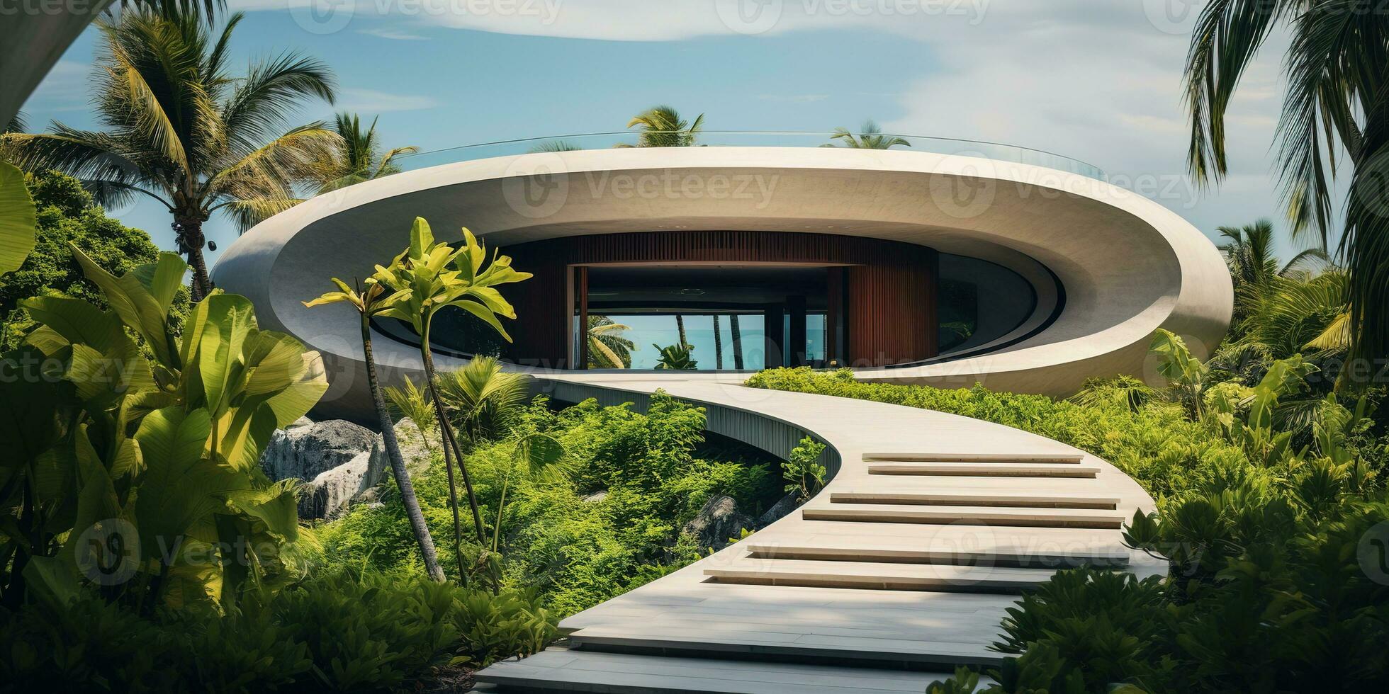 Generative AI, modern luxury house with lush tropical garden. Villa, hotel resort, architectural photography in the style of futuristic curves photo