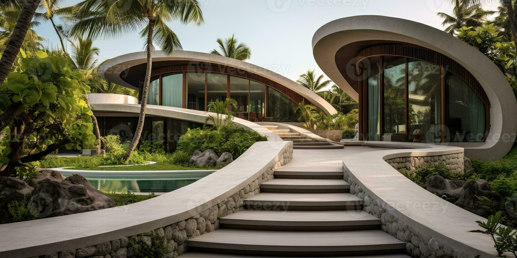 Generative AI, modern luxury house with lush tropical garden. Villa, hotel resort, architectural photography in the style of futuristic curves photo