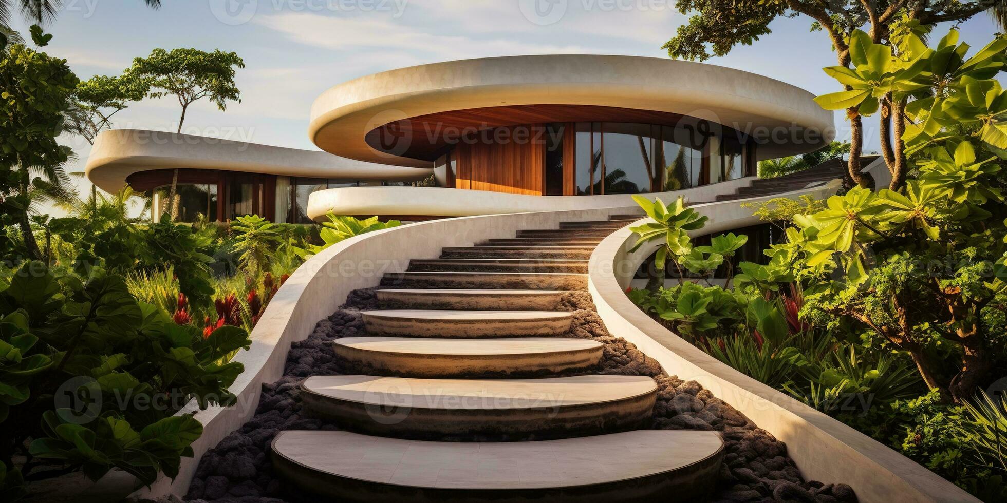 Generative AI, modern luxury house with lush tropical garden. Villa, hotel resort, architectural photography in the style of futuristic curves photo