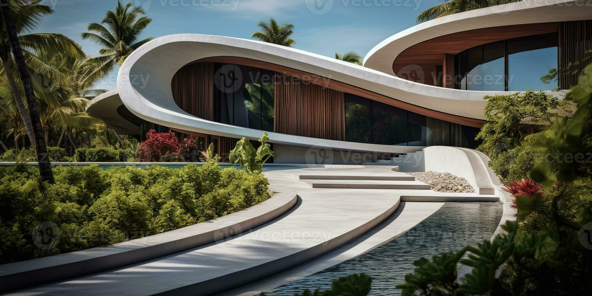 Generative AI, modern luxury house with lush tropical garden. Villa, hotel resort, architectural photography in the style of futuristic curves photo