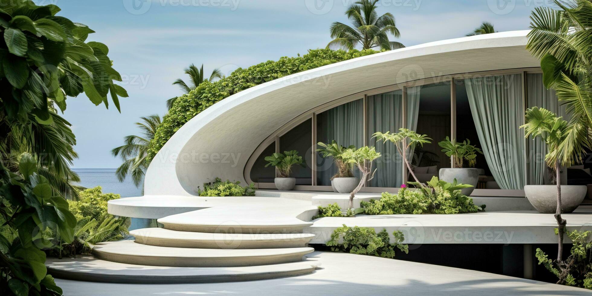 Generative AI, modern luxury house with lush tropical garden. Villa, hotel resort, architectural photography in the style of futuristic curves photo