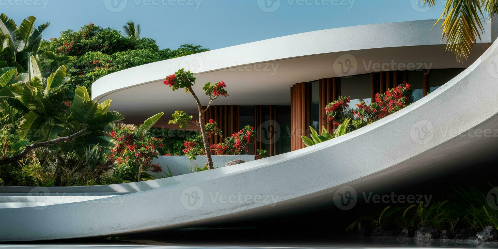 Generative AI, modern luxury house with lush tropical garden. Villa, hotel resort, architectural photography in the style of futuristic curves photo