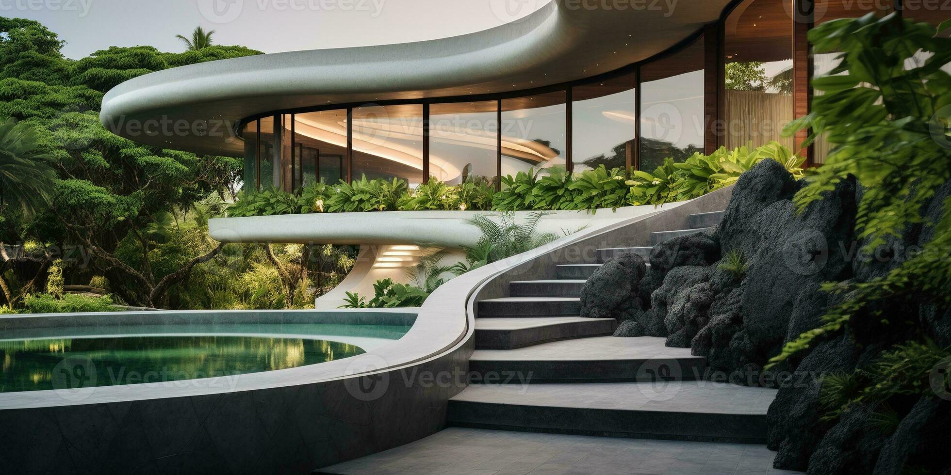Generative AI, modern luxury house with lush tropical garden. Villa, hotel resort, architectural photography in the style of futuristic curves photo