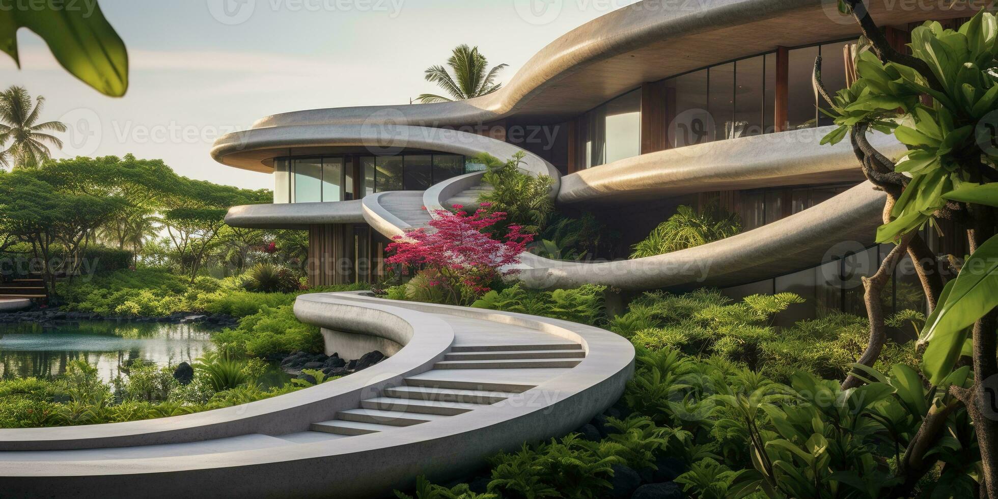 Generative AI, modern luxury house with lush tropical garden. Villa, hotel resort, architectural photography in the style of futuristic curves photo